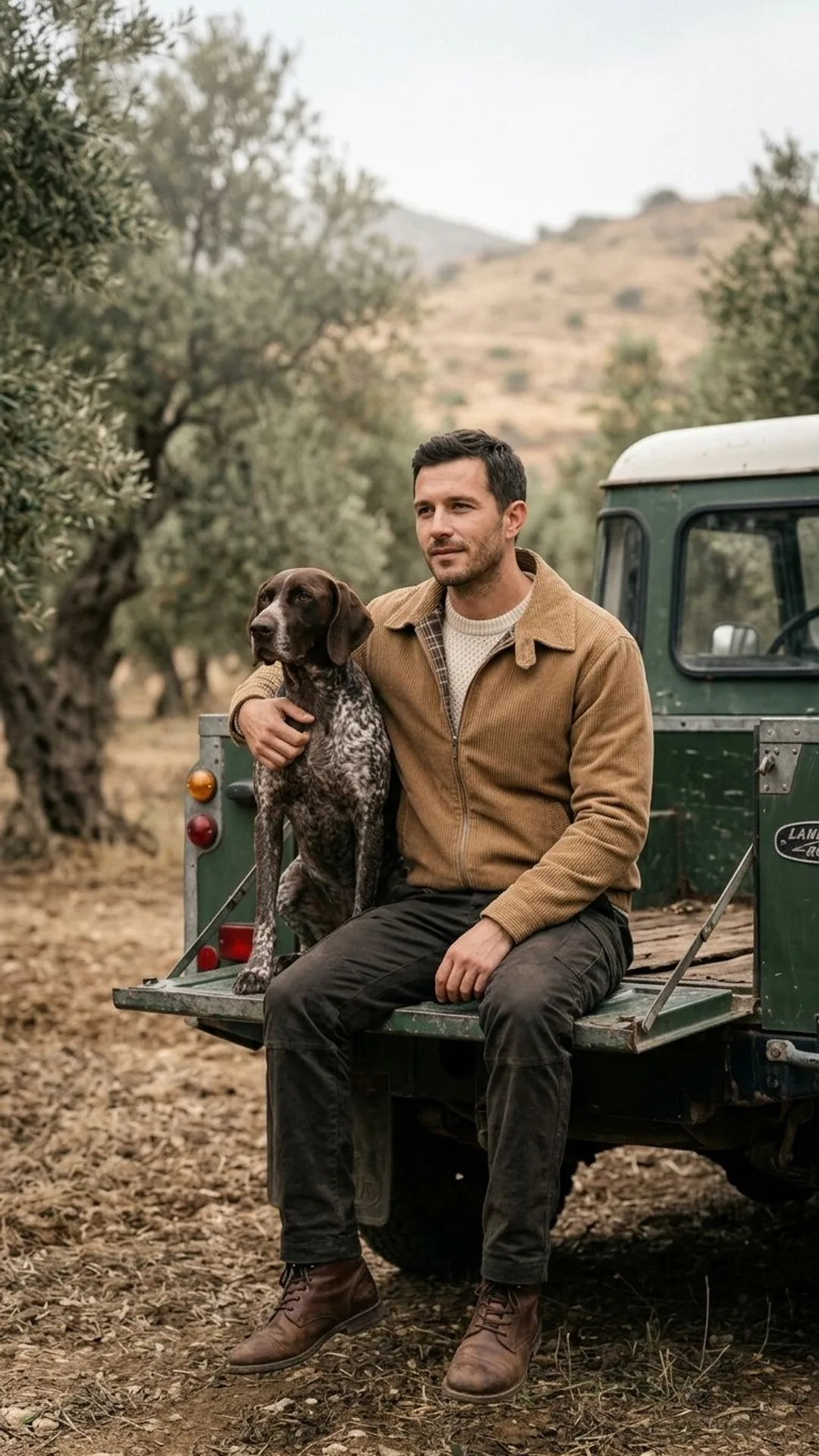Zeytinlikte eski arazi aracının kasasında köpeğiyle oturan adam, camel kadife ceket