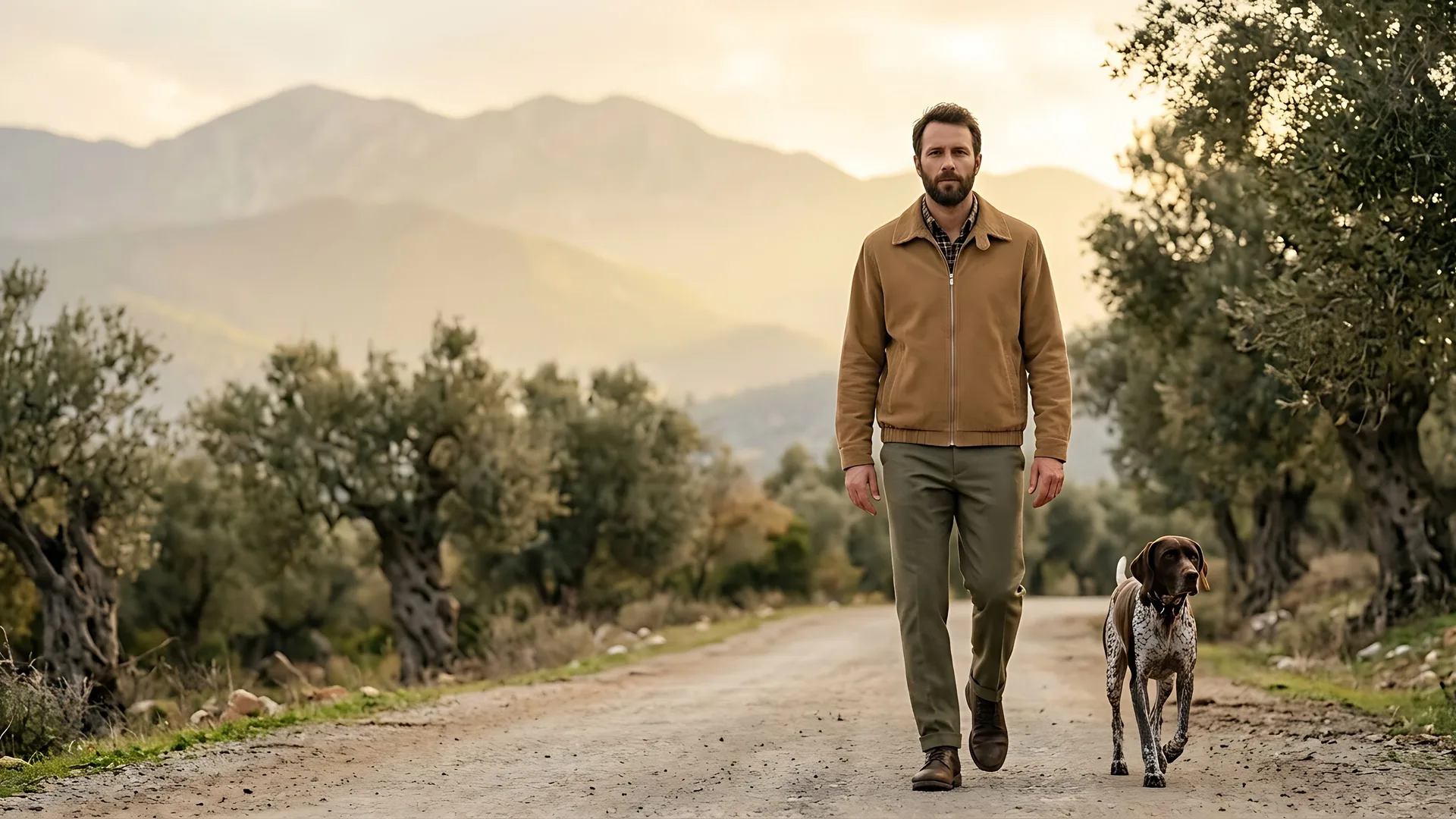 Zeytin ağaçlı köy yolunda köpeğiyle yürüyen adam, arkada Menteşe dağları, camel kadife ceket